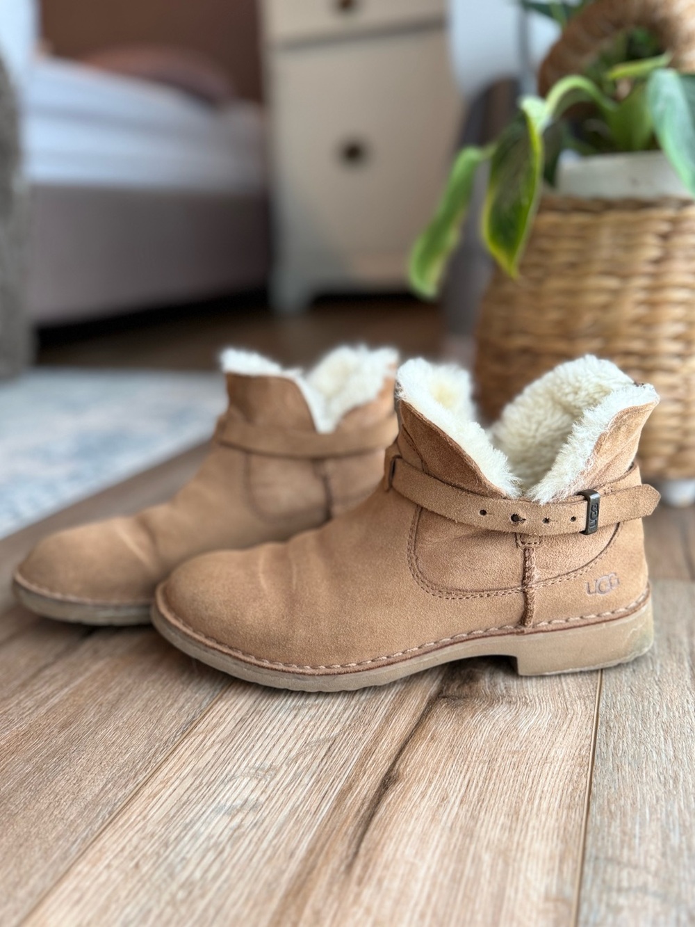 UGG Chestnut Suede Shearling Cuff Ankle Boots